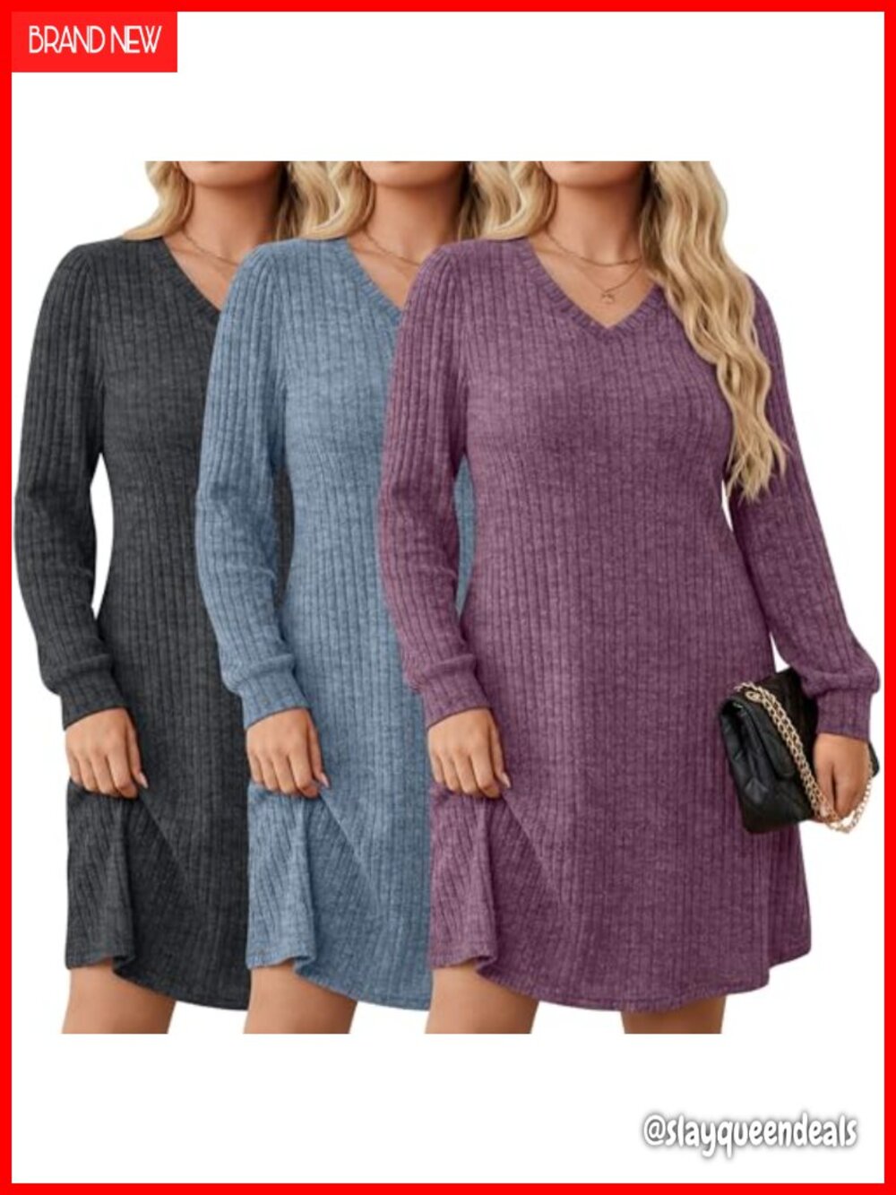 Plus Size Sweater Dress 3 Pack V Neck Long Sleeve A-Line Knit Knee Length